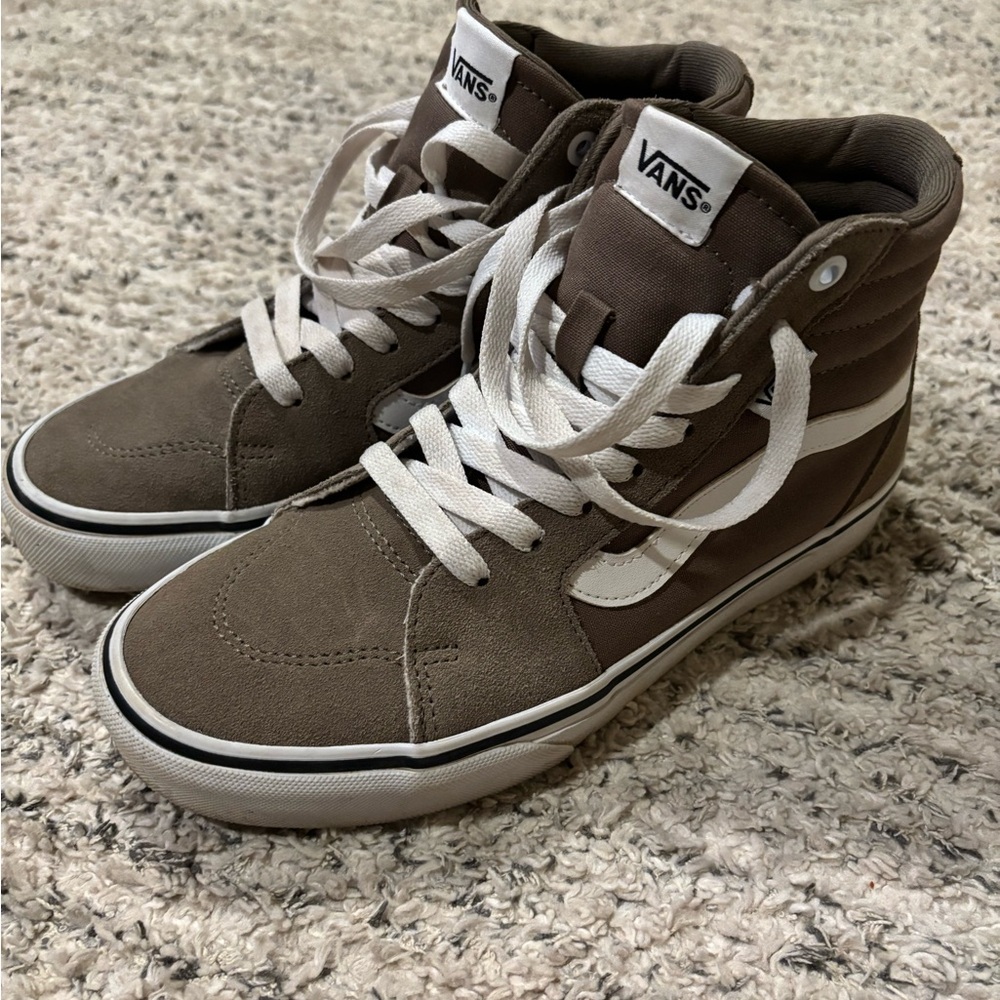 Vans Women’s Brown and White High-Top Sneakers